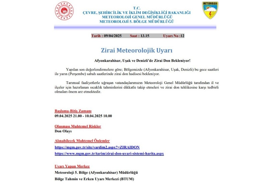 Denizli’de bu gece zirai don bekleniyor