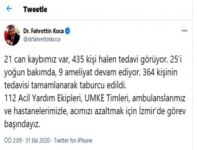 Sağlık Bakanı Koca: “21 can kaybımız var, 435 kişi halen tedavi görüyor”