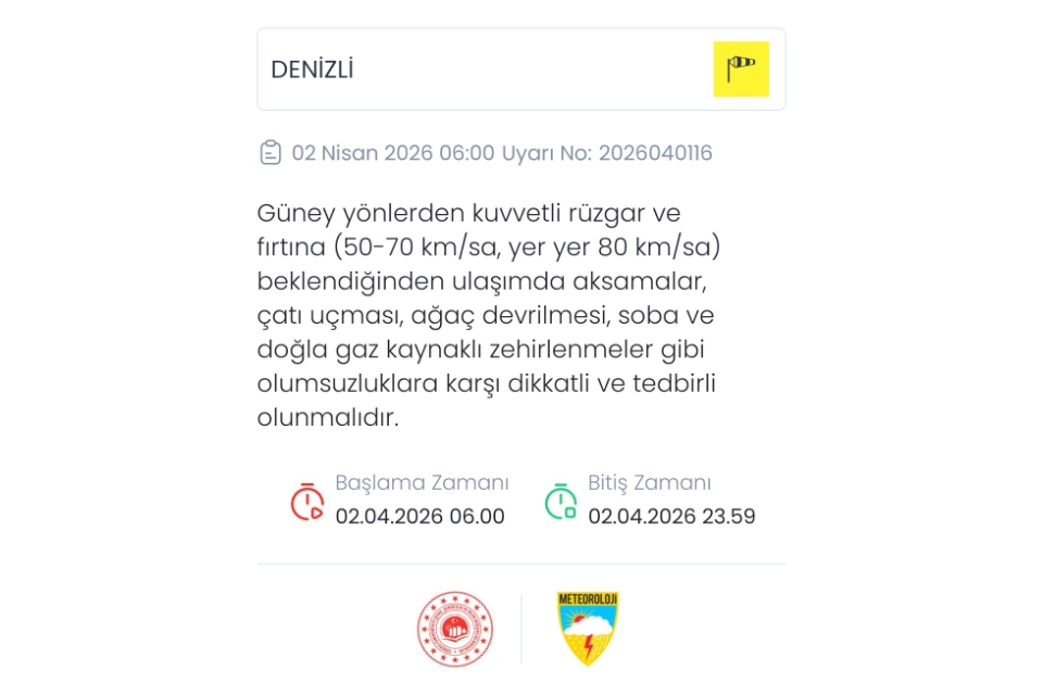Denizli için kuvvetli rüzgar ve fırtına uyarısı