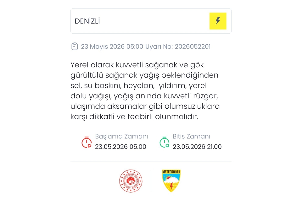 Denizli için kuvvetli sağanak ve gök gürültülü yağış uyarısı