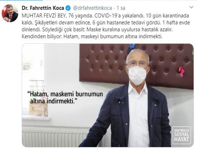 Sağlık Bakanı Koca, Ispartalı muhtarı paylaşıp, örnek gösterdi