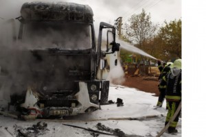 Tomruk yüklü kamyon alev aldı itfaiye alarma geçti