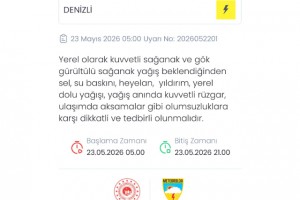 Denizli için kuvvetli sağanak ve gök gürültülü yağış uyarısı